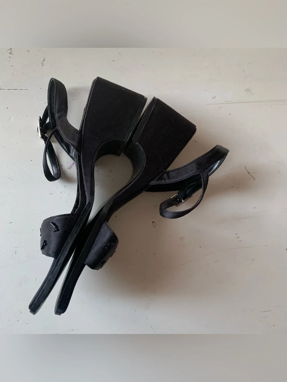 Vintage 90s Black Satin Square Toe Heels Sandals